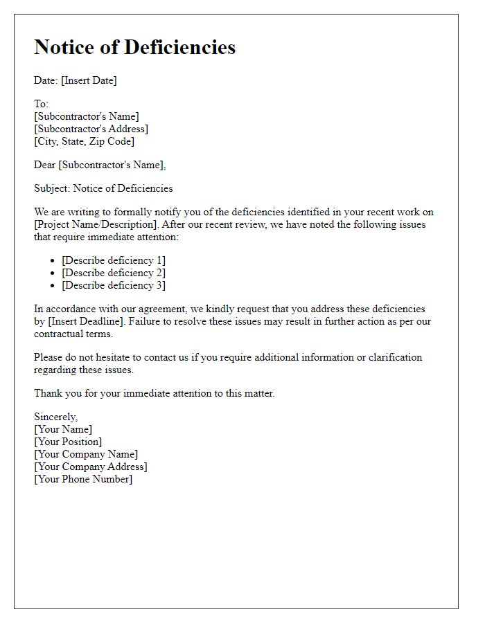 Letter template of notice of deficiencies to subcontractor