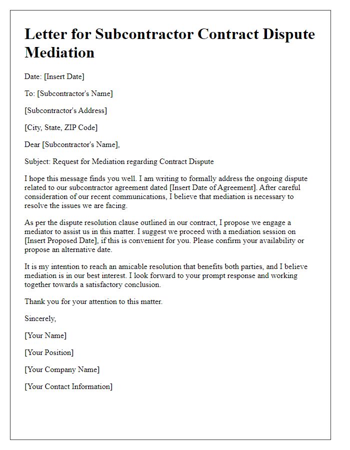 Letter template of subcontractor contract dispute mediation