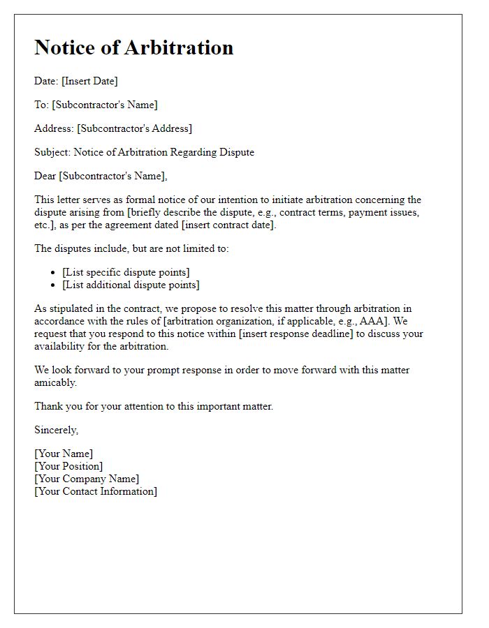 Letter template of subcontractor dispute arbitration notice