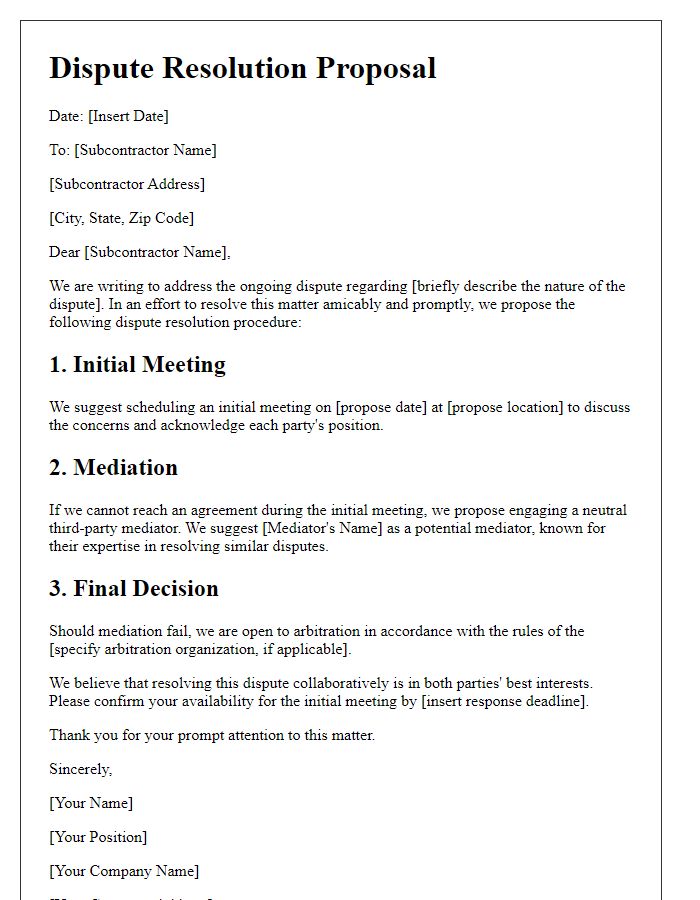 Letter template of subcontractor dispute resolution proposal