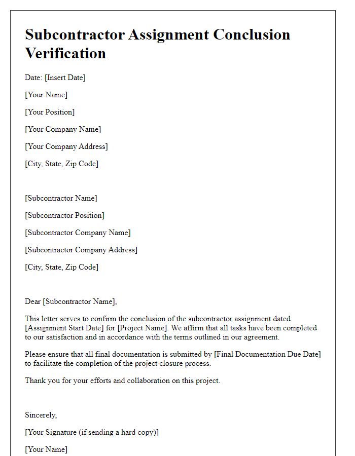 Letter template of subcontractor assignment conclusion verification