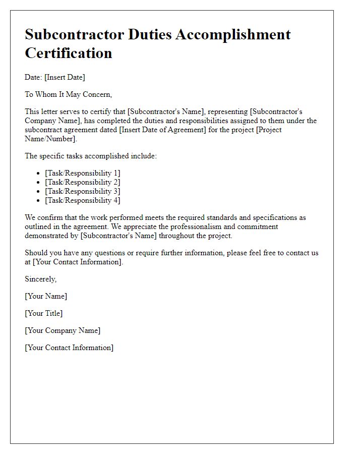 Letter template of subcontractor duties accomplishment certification