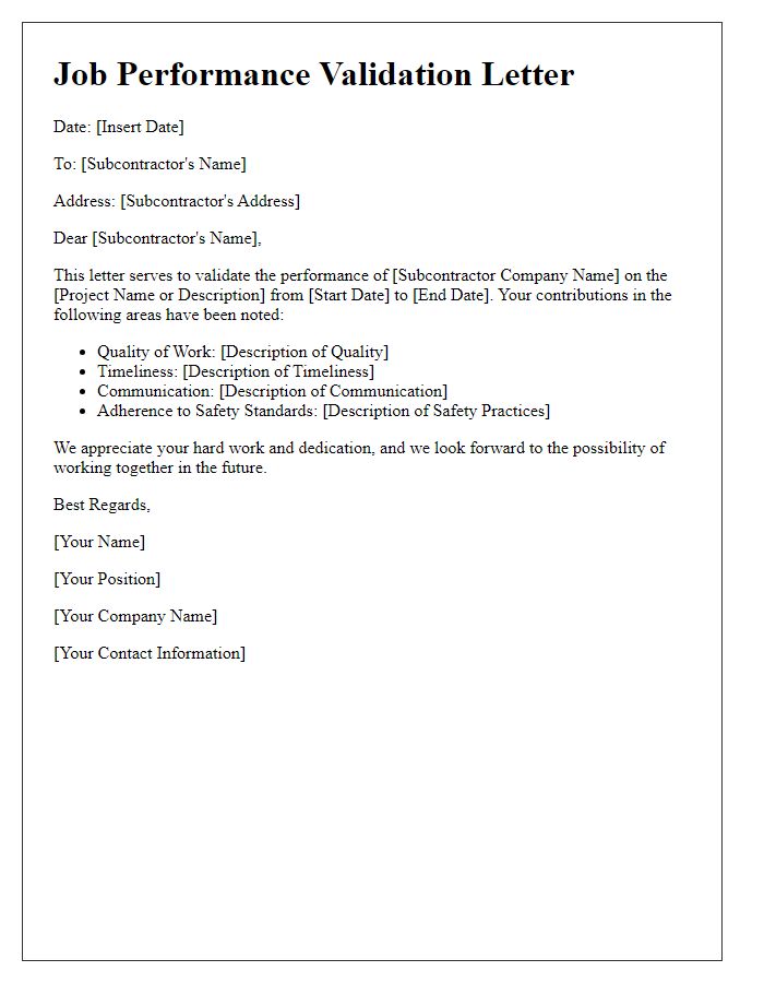 Letter template of subcontractor job performance validation