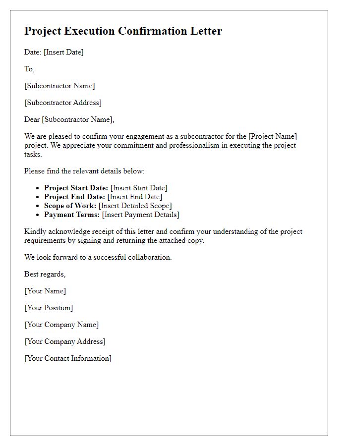 Letter template of subcontractor project execution confirmation