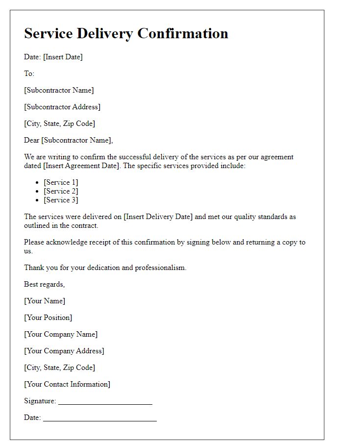 Letter template of subcontractor service delivery confirmation