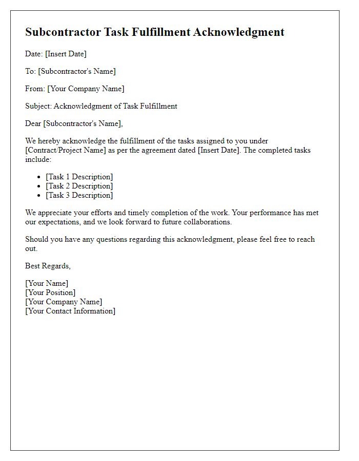 Letter template of subcontractor task fulfillment acknowledgment