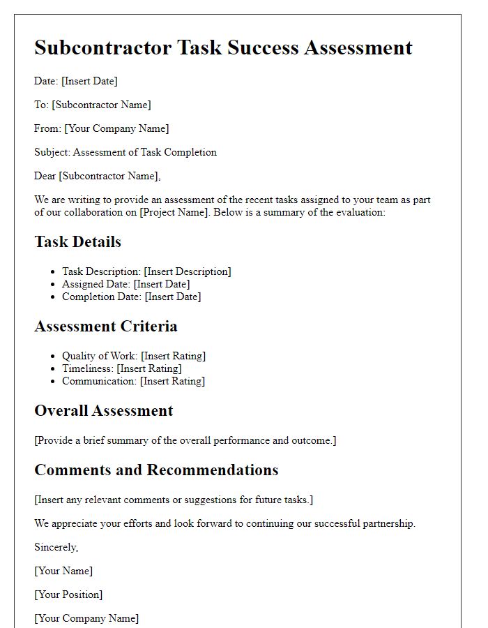 Letter template of subcontractor task success assessment