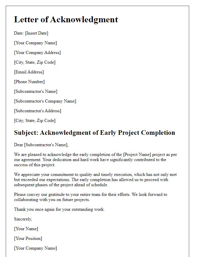 Letter template of acknowledgment for subcontractor's early project completion