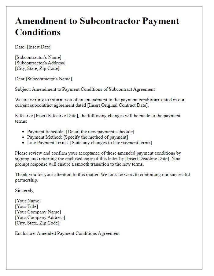 Letter template of subcontractor payment conditions amendment