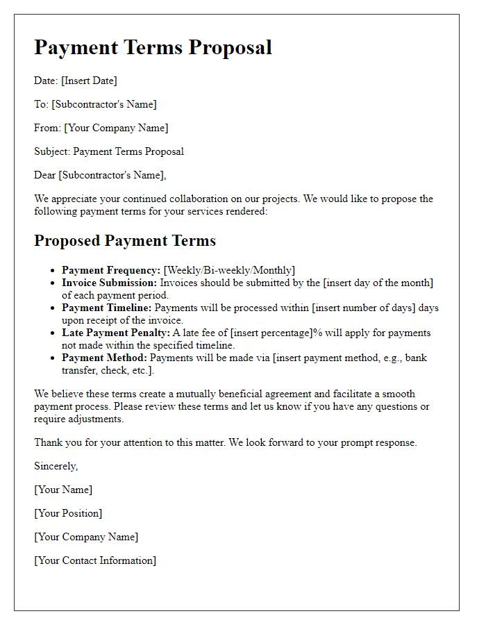 Letter template of subcontractor payment terms proposal