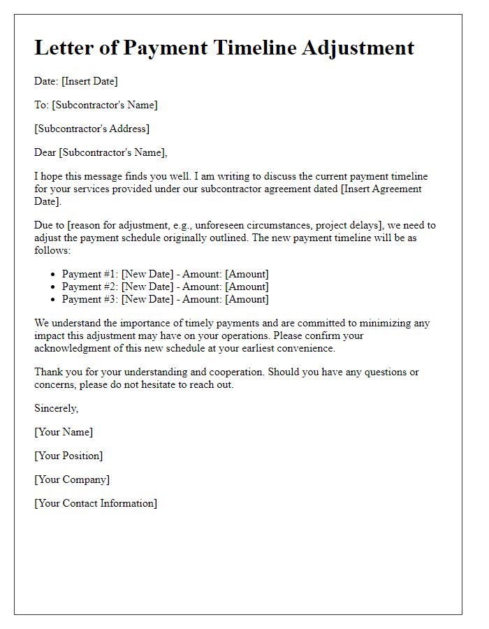 Letter template of subcontractor payment timeline adjustment