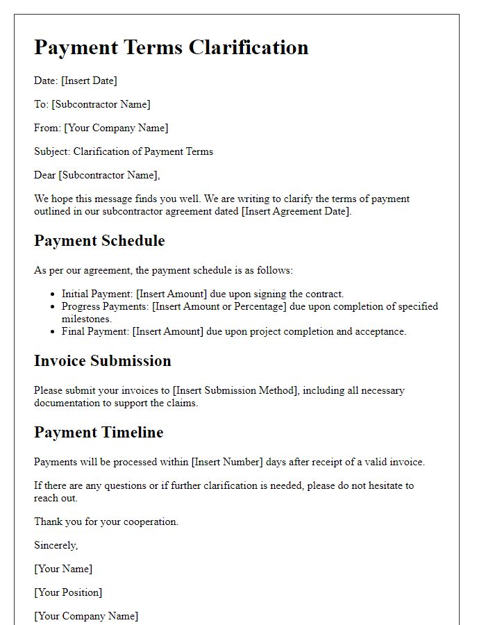 Letter template of subcontractor terms of payment clarification