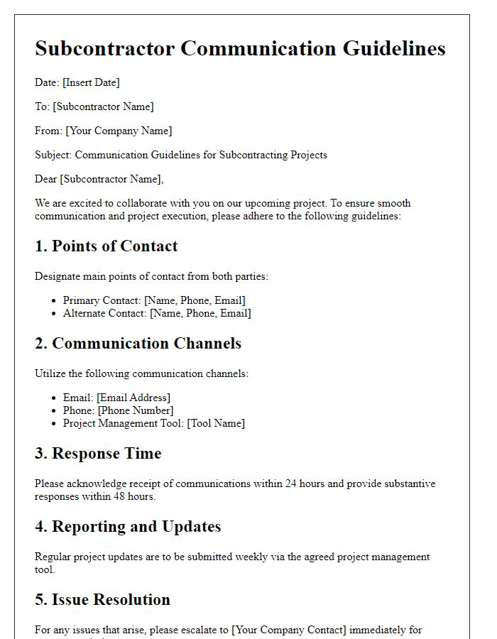 Letter template of subcontractor communication guidelines