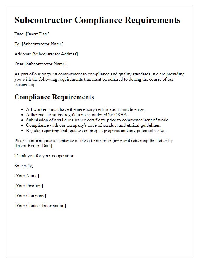 Letter template of subcontractor compliance requirements