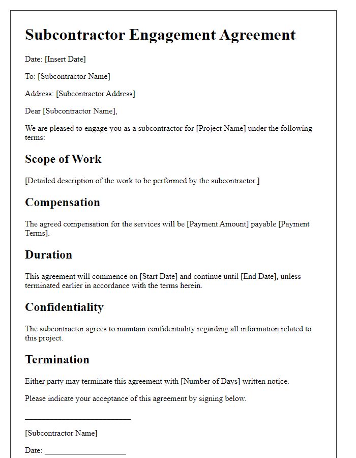 Letter template of subcontractor engagement agreement