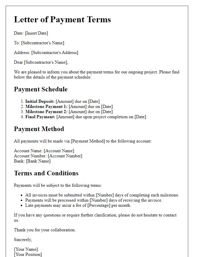 Letter template of subcontractor payment terms