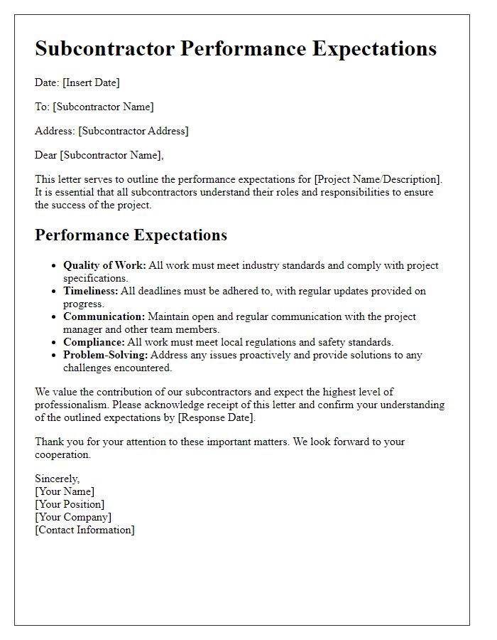 Letter template of subcontractor performance expectations