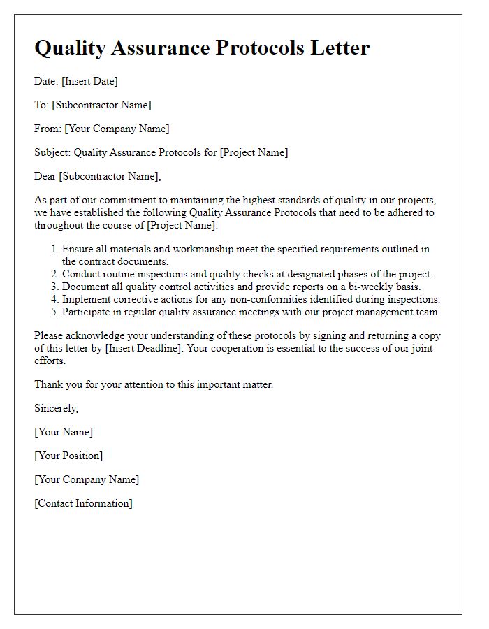 Letter template of subcontractor quality assurance protocols