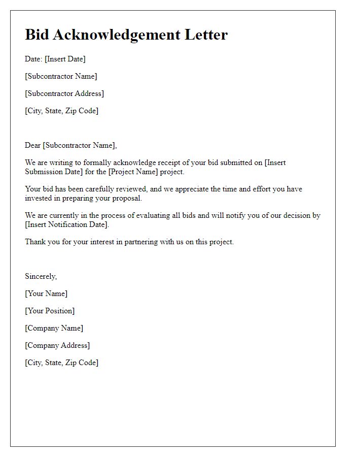 Letter template of subcontractor bidding process acknowledgement of bid.