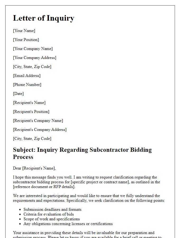 Letter template of subcontractor bidding process clarification inquiry.