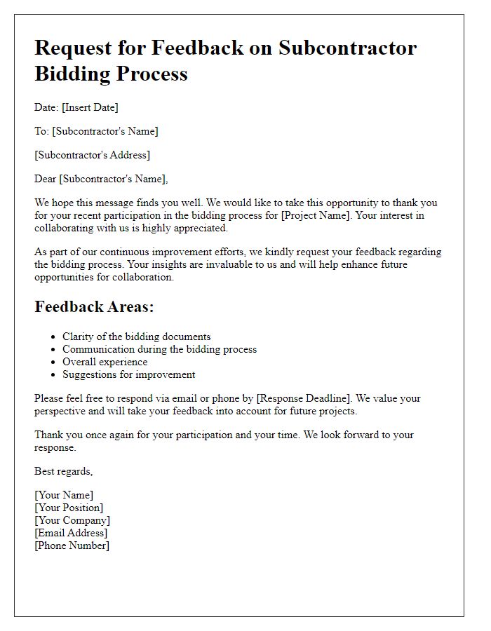 Letter template of subcontractor bidding process feedback request.