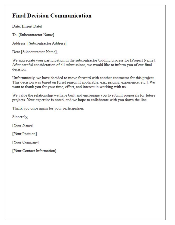 Letter template of subcontractor bidding process final decision communication.