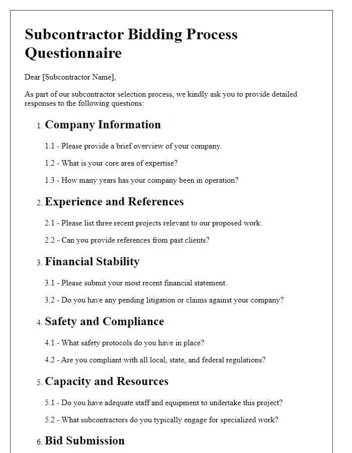 Letter template of subcontractor bidding process questions and assessments.