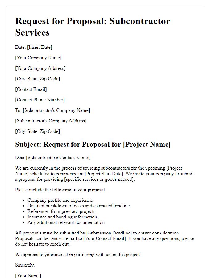 Letter template of subcontractor bidding process request for proposal.