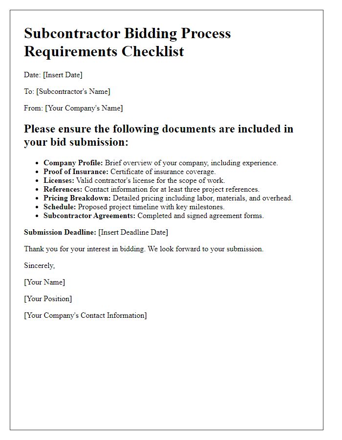 Letter template of subcontractor bidding process requirements checklist.