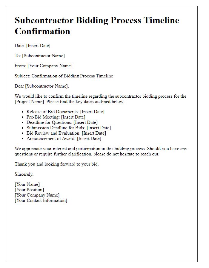 Letter template of subcontractor bidding process timeline confirmation.