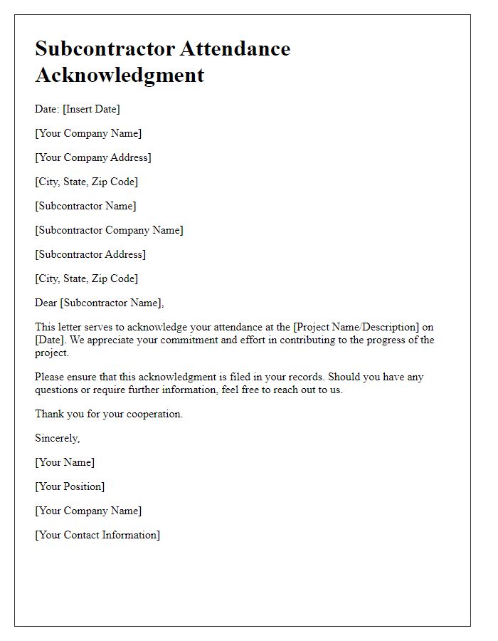 Letter template of subcontractor attendance acknowledgment