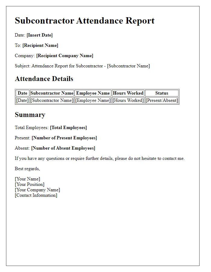 Letter template of subcontractor attendance report