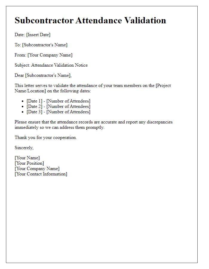 Letter template of subcontractor attendance validation