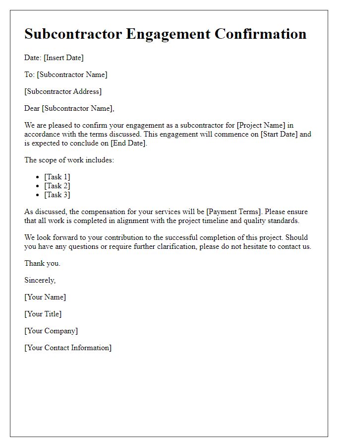 Letter template of subcontractor engagement confirmation