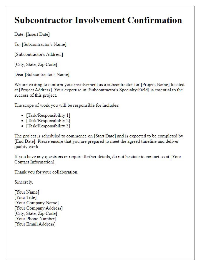 Letter template of subcontractor involvement confirmation