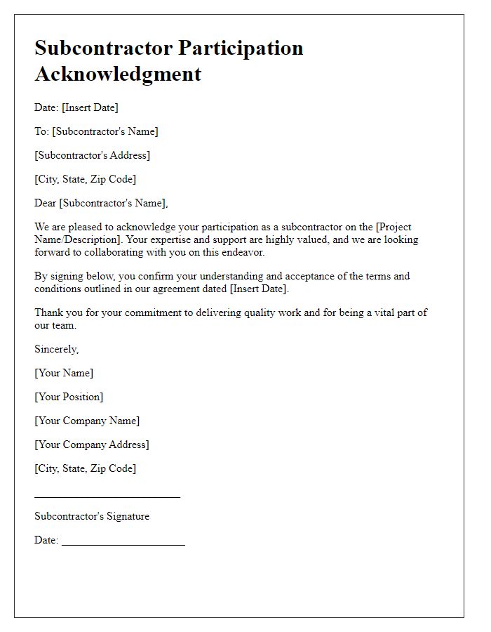 Letter template of subcontractor participation acknowledgment