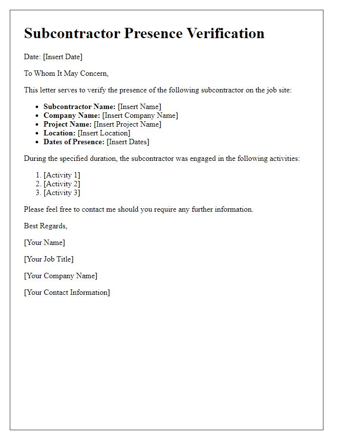 Letter template of subcontractor presence verification