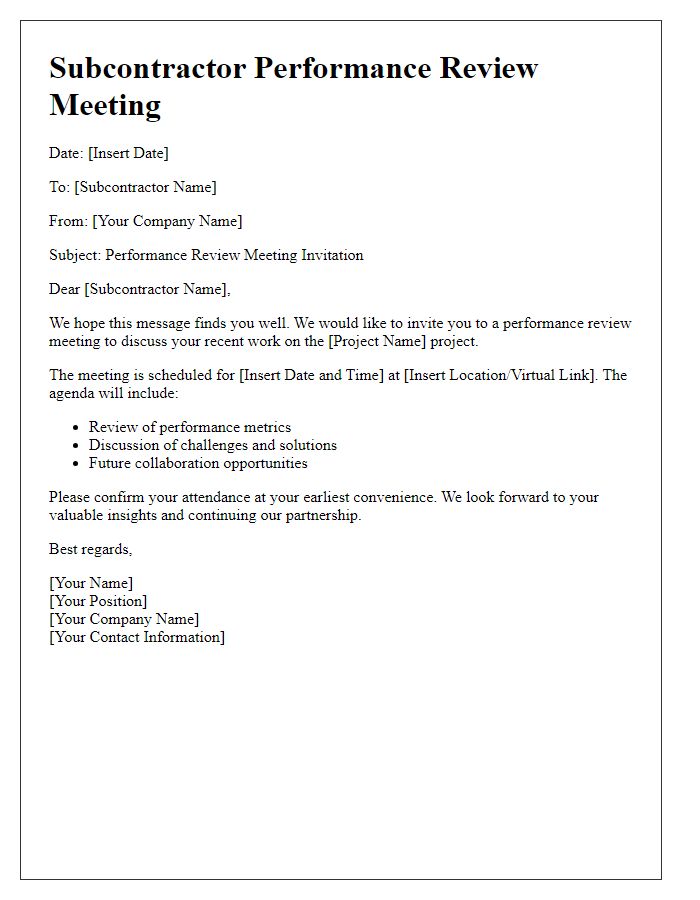 Letter template of subcontractor performance review meeting