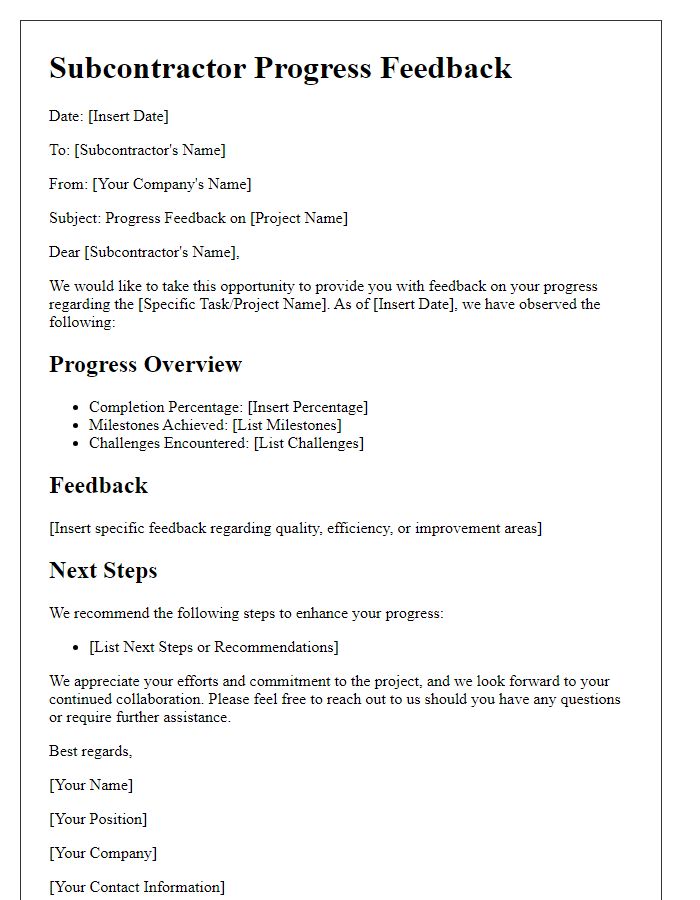 Letter template of subcontractor progress feedback