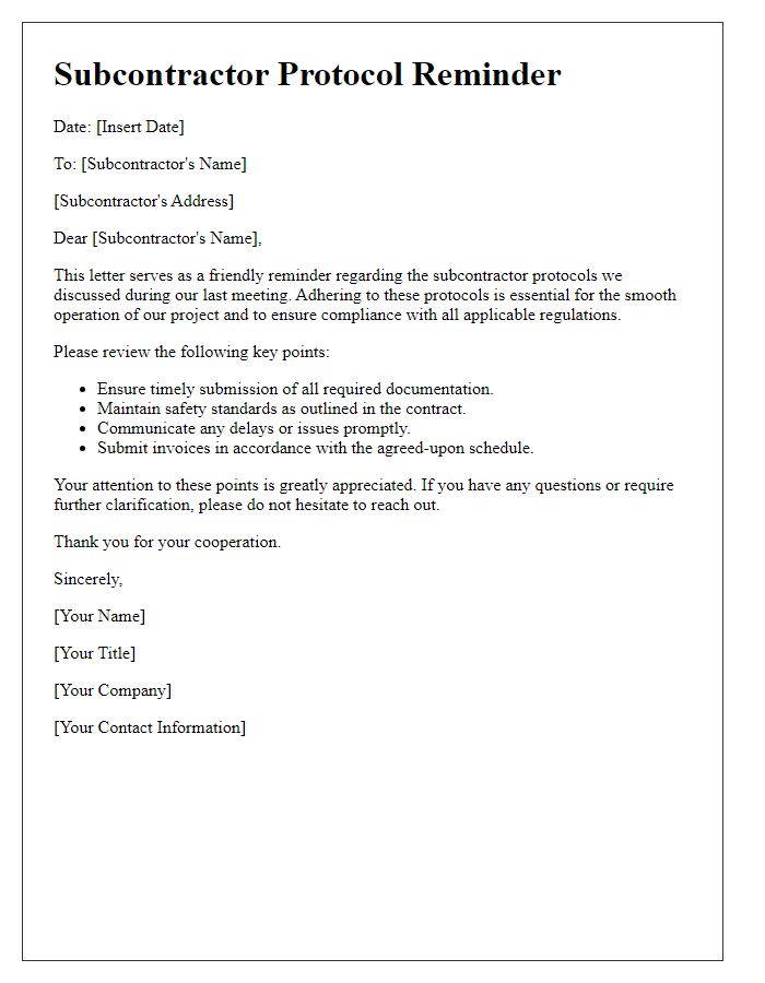 Letter template of subcontractor protocol reminder