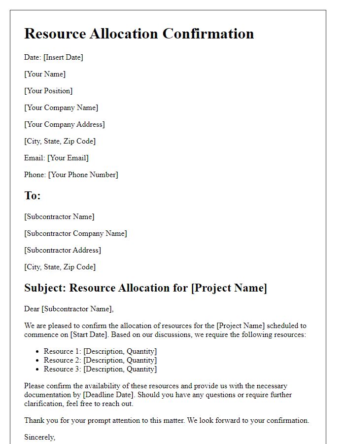 Letter template of subcontractor resource allocation