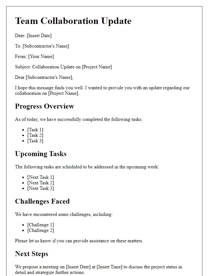Letter template of subcontractor team collaboration update