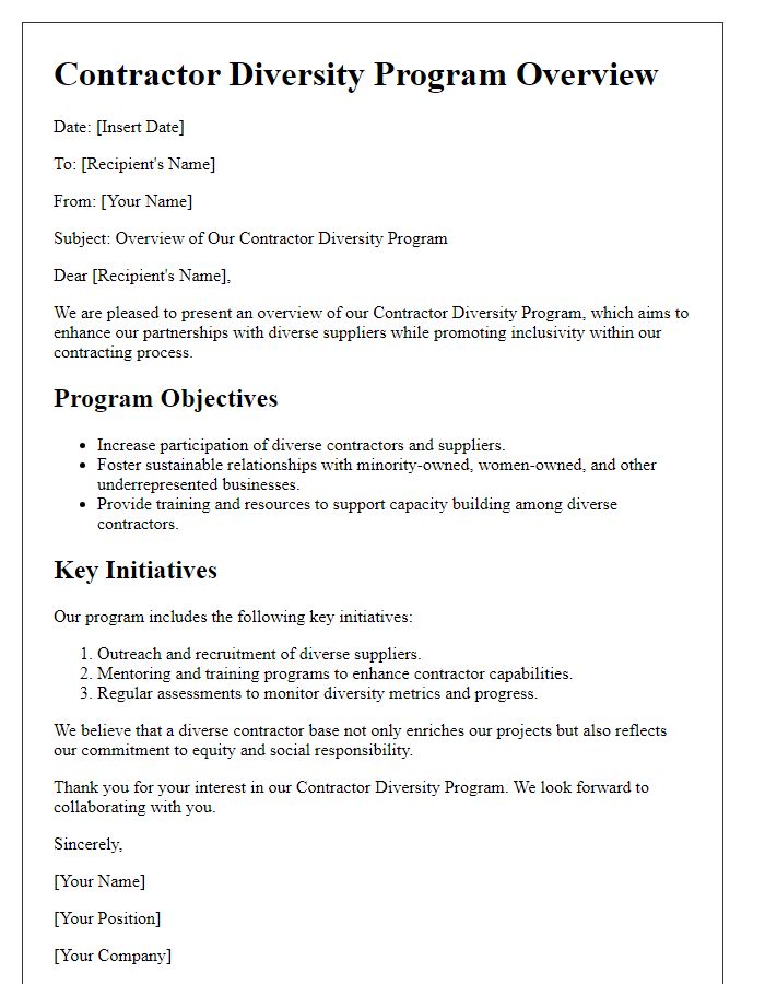 Letter template of contractor diversity program overview