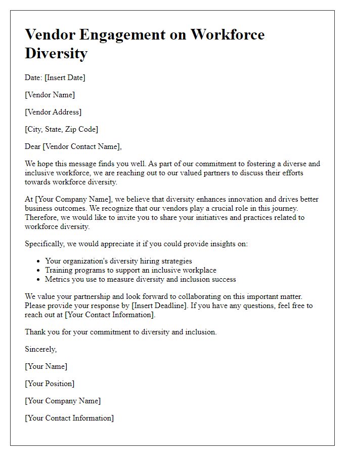 Letter template of vendor engagement on workforce diversity