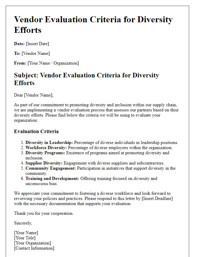 Letter template of vendor evaluation criteria for diversity efforts