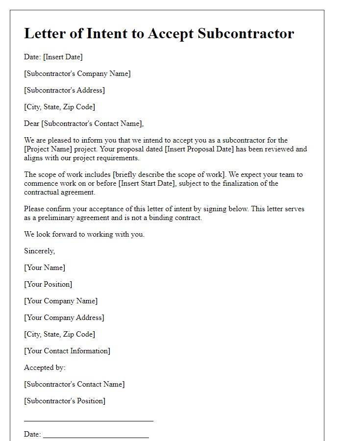 Letter template of subcontractor acceptance intent