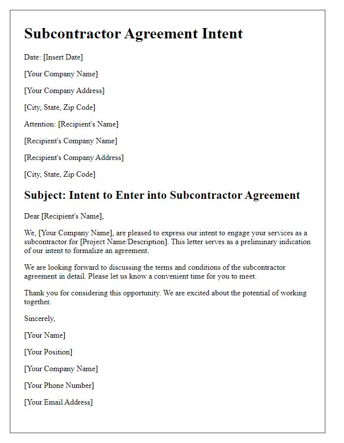 Letter template of subcontractor agreement intent