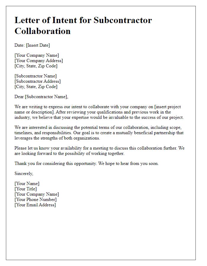 Letter template of subcontractor collaboration intent