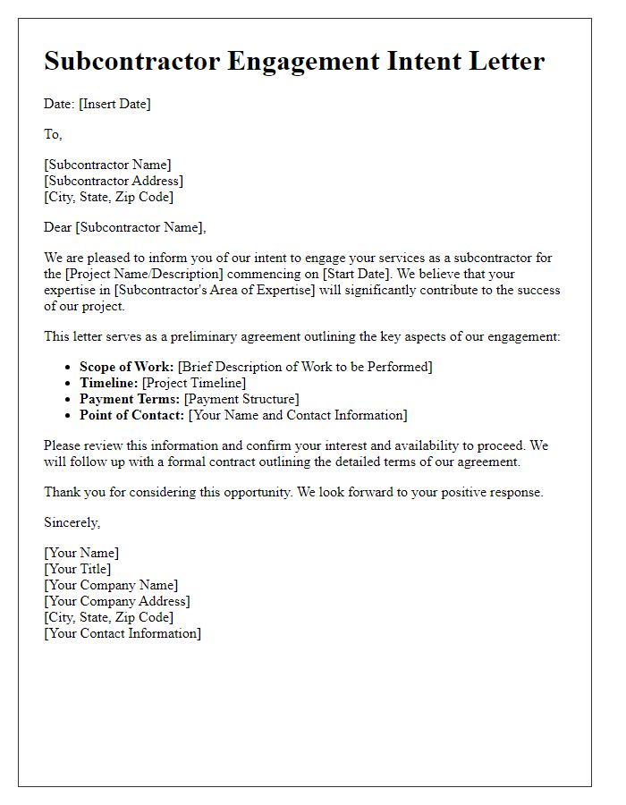 Letter template of subcontractor engagement intent