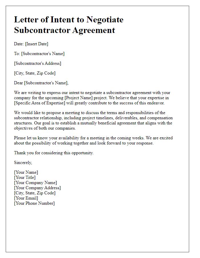 Letter template of subcontractor negotiation intent